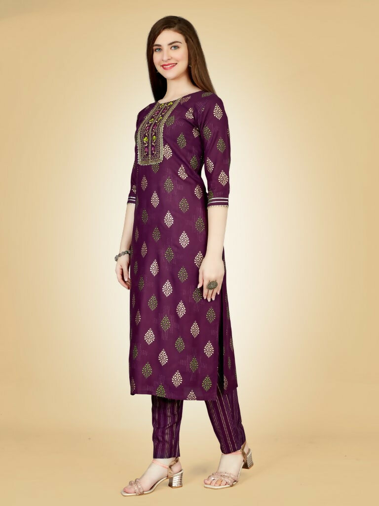 Jyoti Fashion Women's Wine Viscose Rayon Embroidered Kurta Pant Set | Grocsy