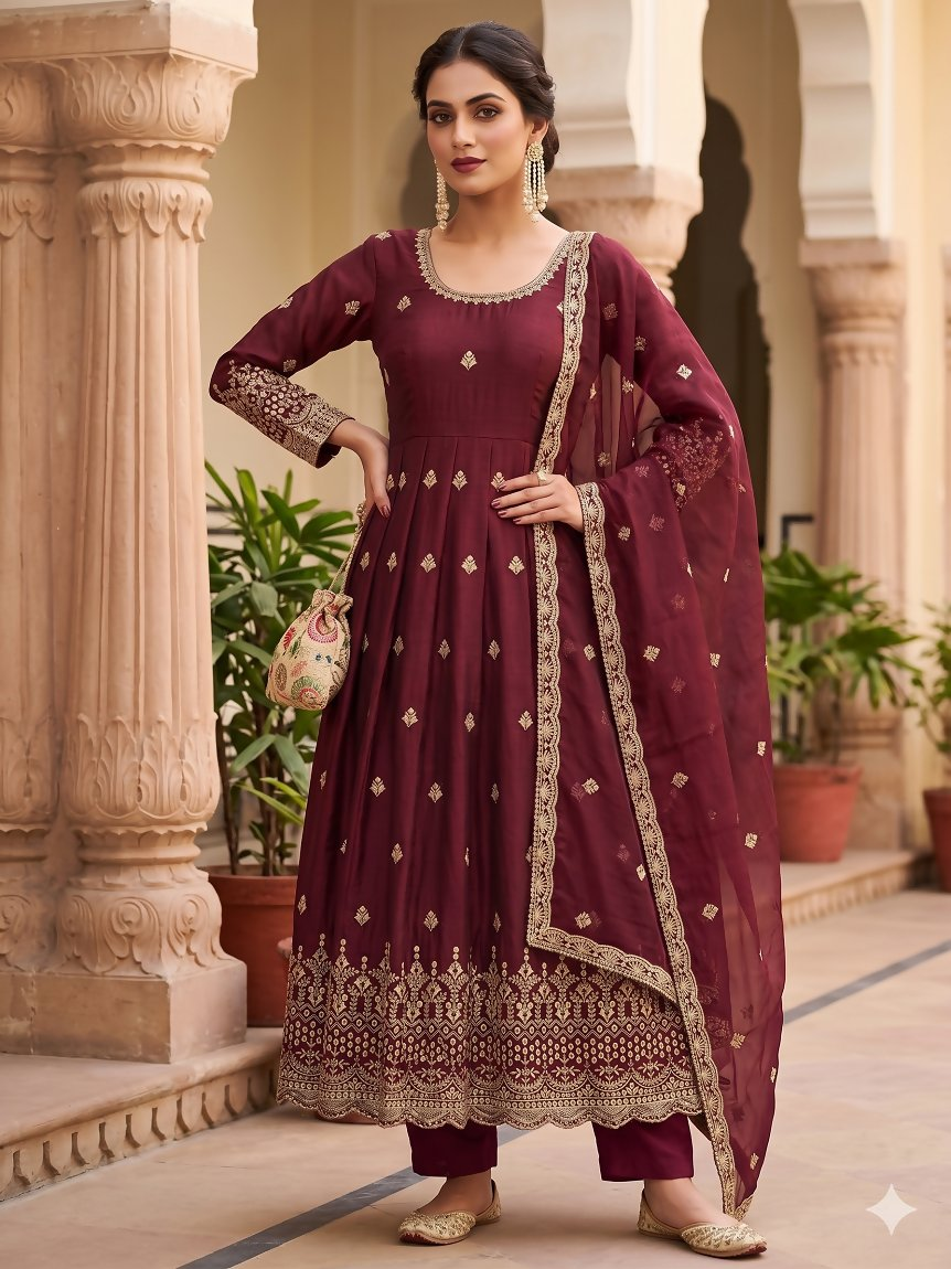 Teeya Creation Womens New Regal Maroon Embroidered Anarkali Gown Set | Grocsy