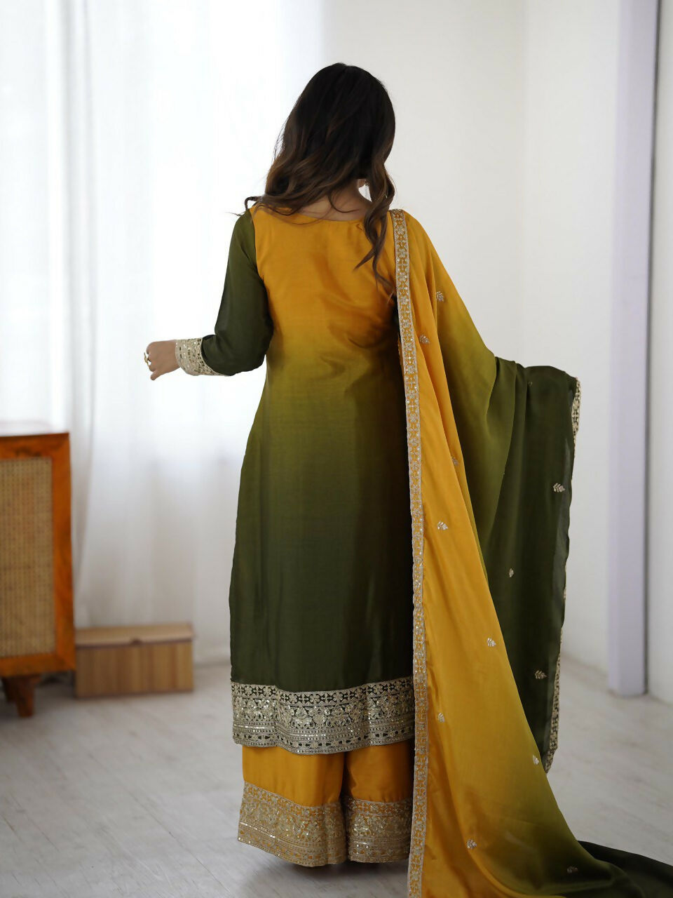 The52 Women's Gorgeous Chinon silk Fabric Embroidery Work Straight Kurta Palazzo and Dupatta Set | Grocsy