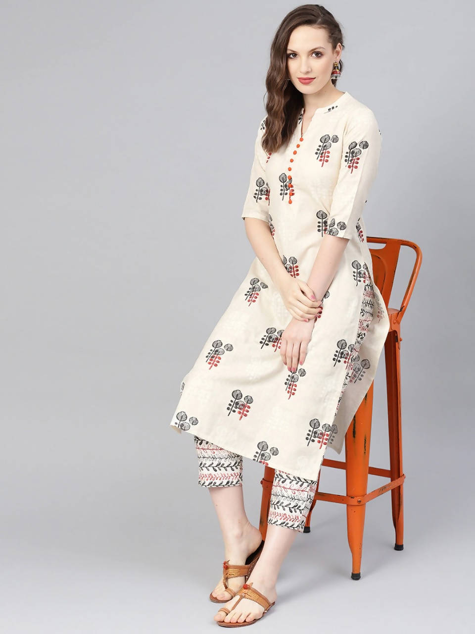 Vamika Printed Cotton Cream Party Wear/Casual Wear Kurta Set/Suit | Grocsy