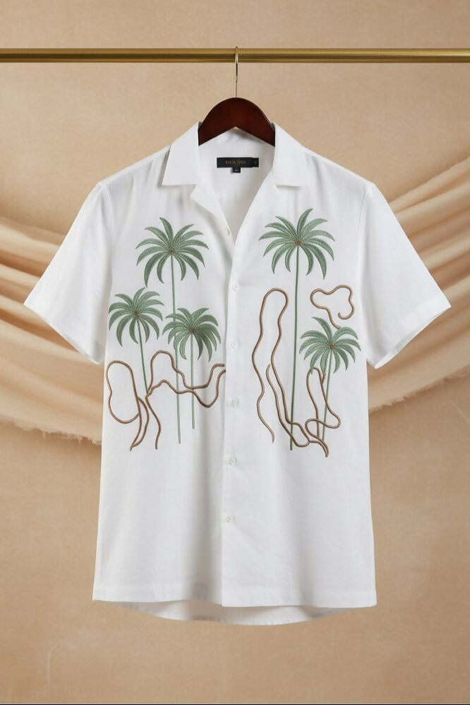 Tansira — White Palm Embroidered Linen Shirt by Hilo Design | Grocsy