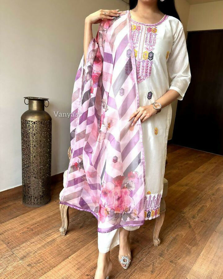 The52 Off White Women's Gorgeous Embroidered Viscose Chanderi Fabric Straight Kurta Pant with Dupatta Set | Grocsy