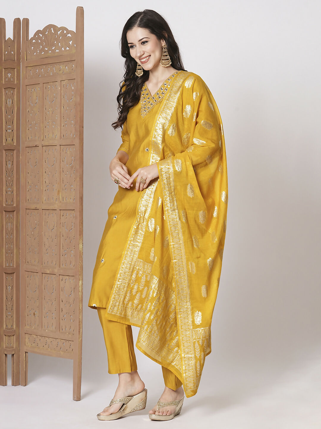 Yellow PV Chanderi Embroidery Work Kurta Set - Riya | Grocsy