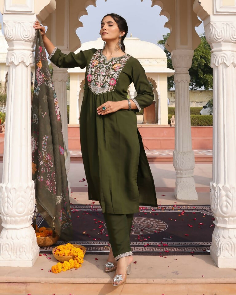 Jyoti Fashion Women's Mehendi Cotton Silk Hand Work with Floral Printed Kurta Set | Grocsy