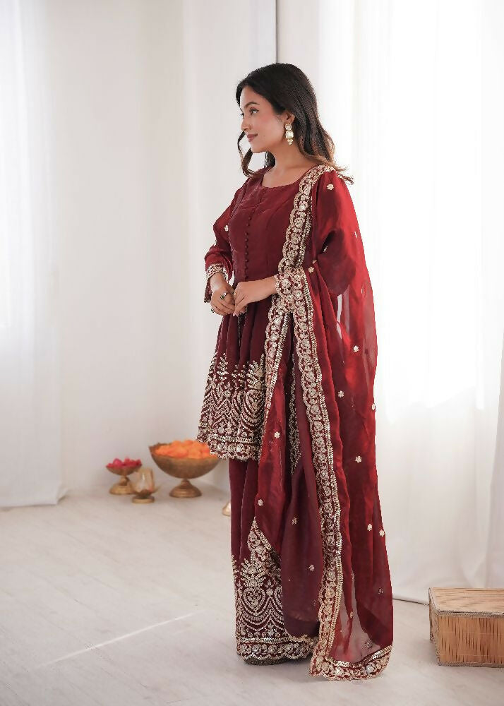 Teeya Creation Maroon Color Fendy Satin Silk Embroidery Work Party Wear Salwar Suit | Grocsy