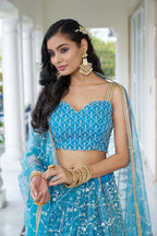 Eilara Glamorous Sky Blue Butterfly Net With Thread And Sequence Embroidered Work Lehenga Choli For Wedding | Grocsy