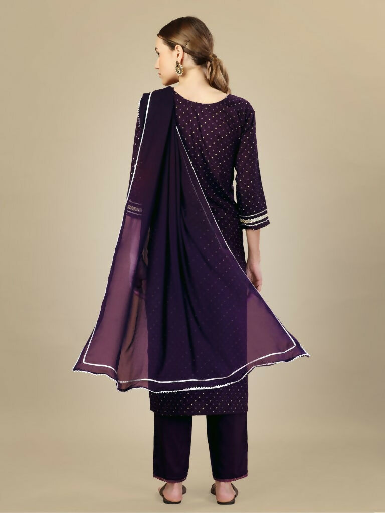 Jyoti Fashion Women's Purple Silk Blend Embroidery & Sequence work Kurta with Trouser & Dupatta | Grocsy