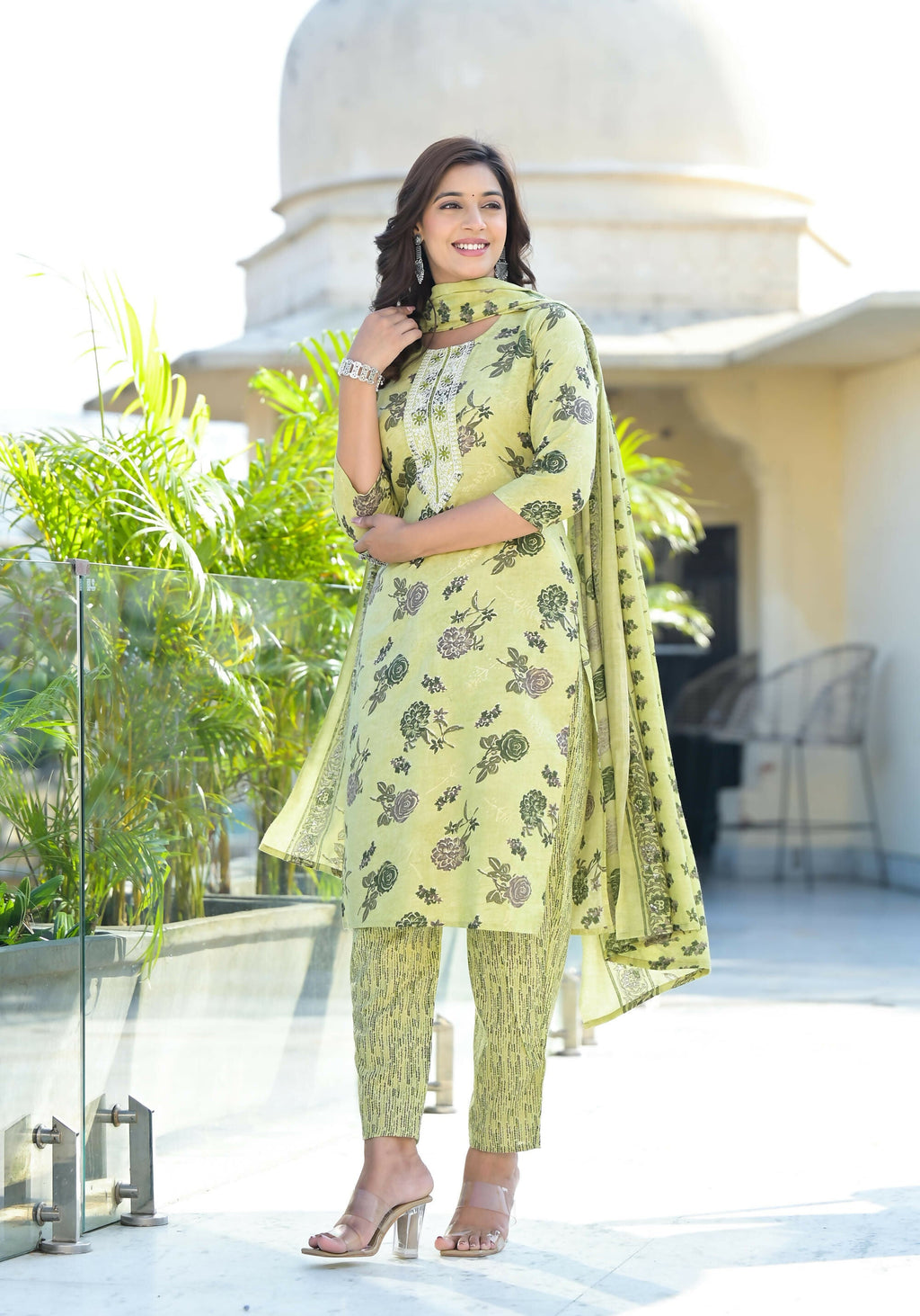 Juniper Women's Lime Green Floral Printed Cotton Kurta Set With Thread Work | Grocsy