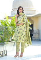 Juniper Women's Lime Green Floral Printed Cotton Kurta Set With Thread Work | Grocsy