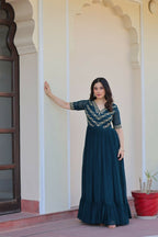 Teeya Creation Rama Color Faux Georgette Party Wear Hand Embroidery Work Long Gown | Grocsy