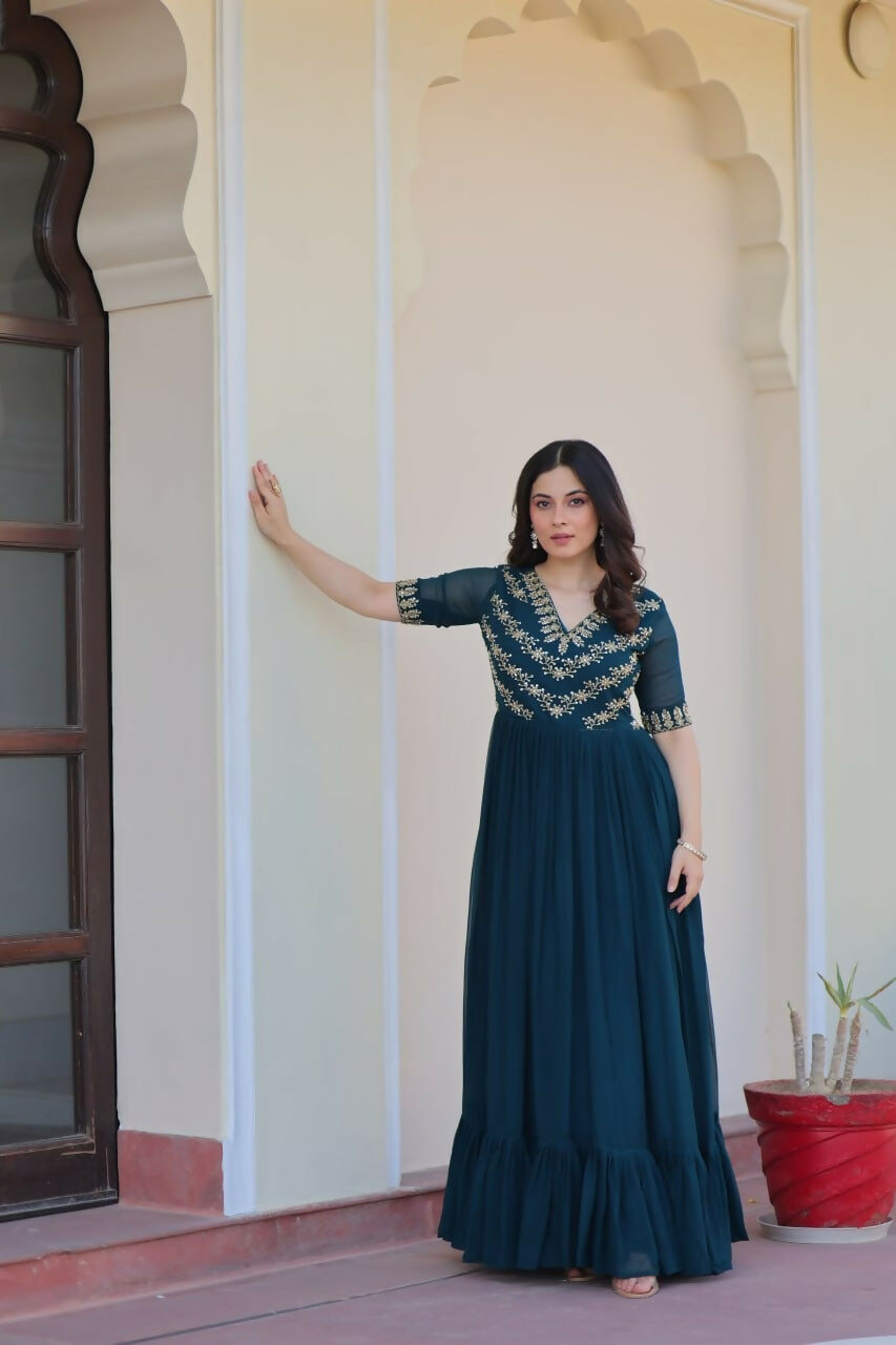 Teeya Creation Rama Color Faux Georgette Party Wear Hand Embroidery Work Long Gown | Grocsy
