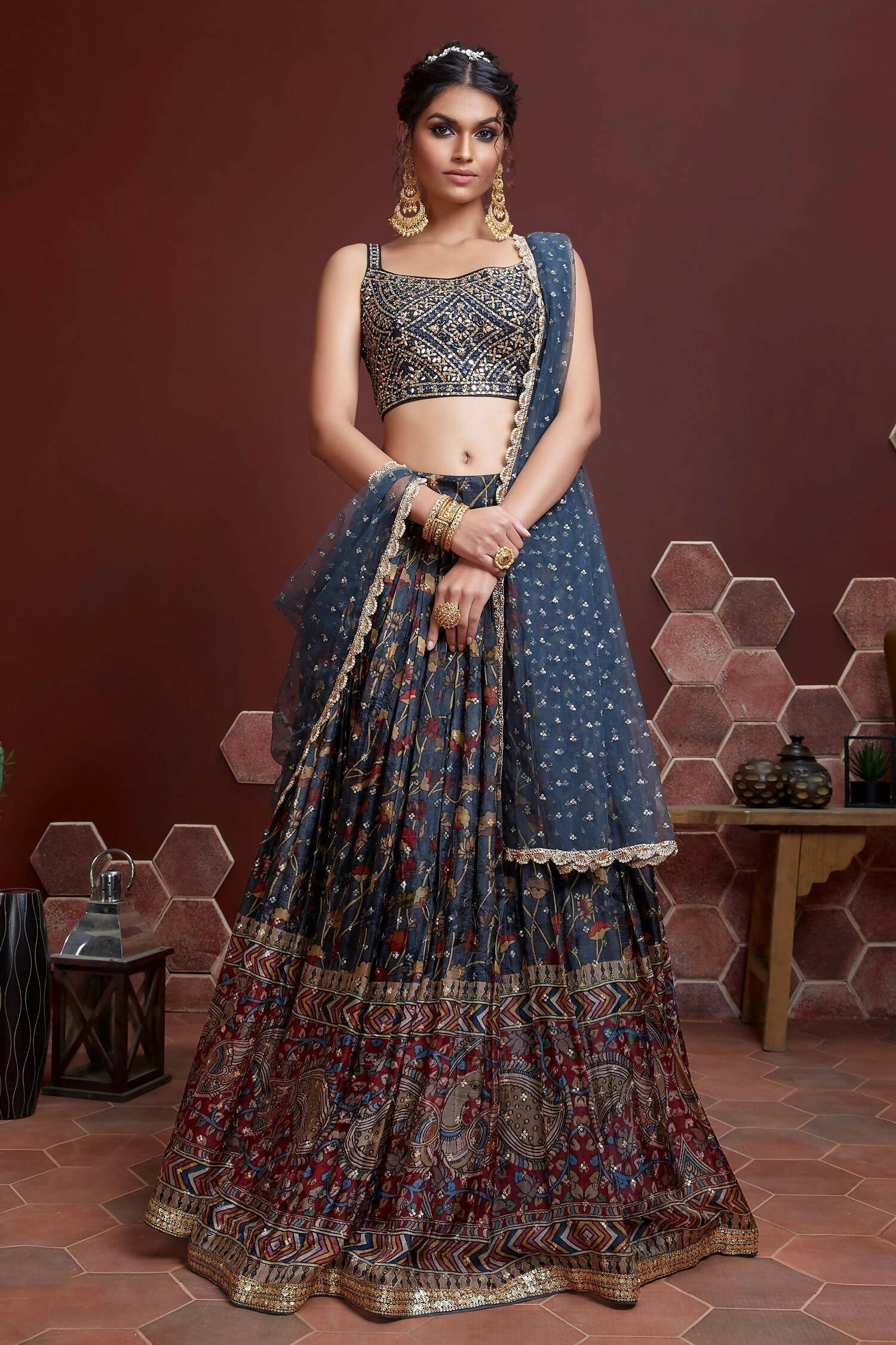 Wedding Designer Navy Blue Chinon Silk Lehenga Choli - Anbazaar | Grocsy