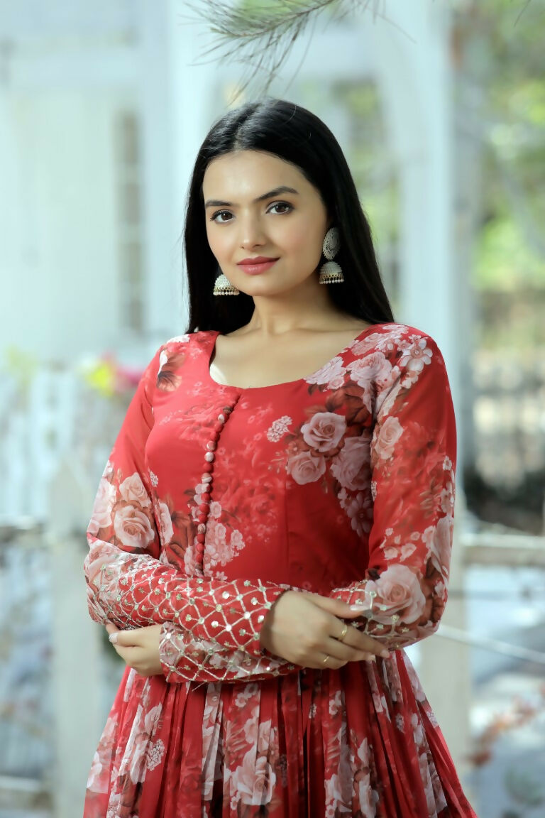 Jyoti Fashion Women's Red Sequence Zari Embroidered Faux Georgette Anarkali Dress | Grocsy