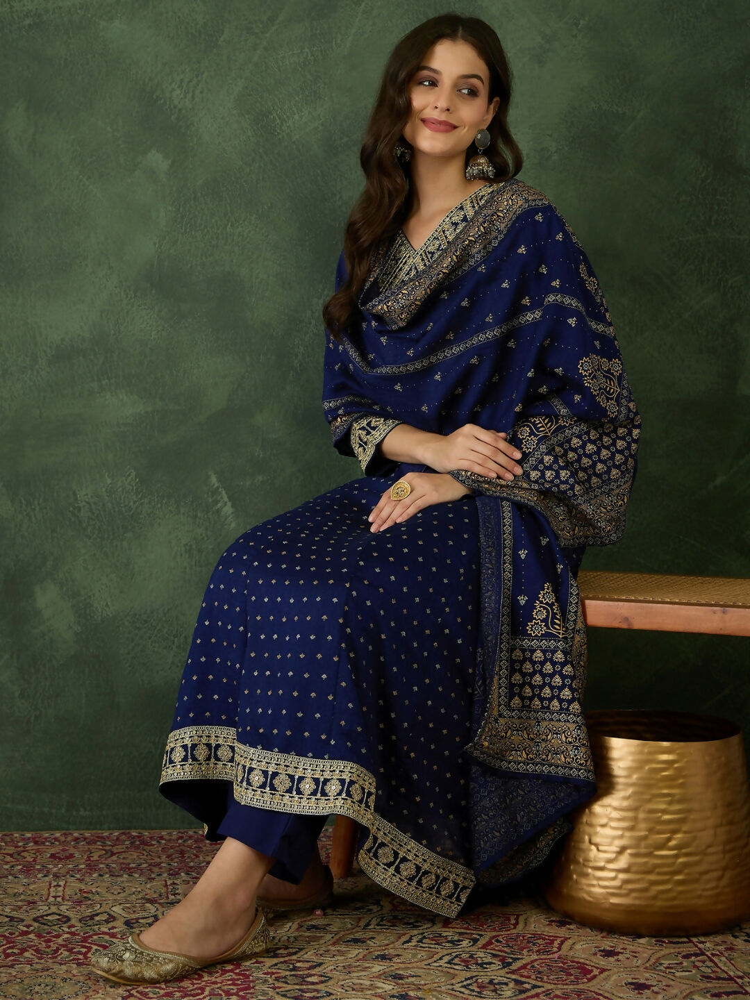 The52 Blue Women's Gorgeous Embroidered Work Vichitra Silk Fabric Flared Kurta Pant and Dupatta Set | Grocsy