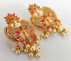 AD Ruby Designer Hanging Pearls Earrings | Grocsy