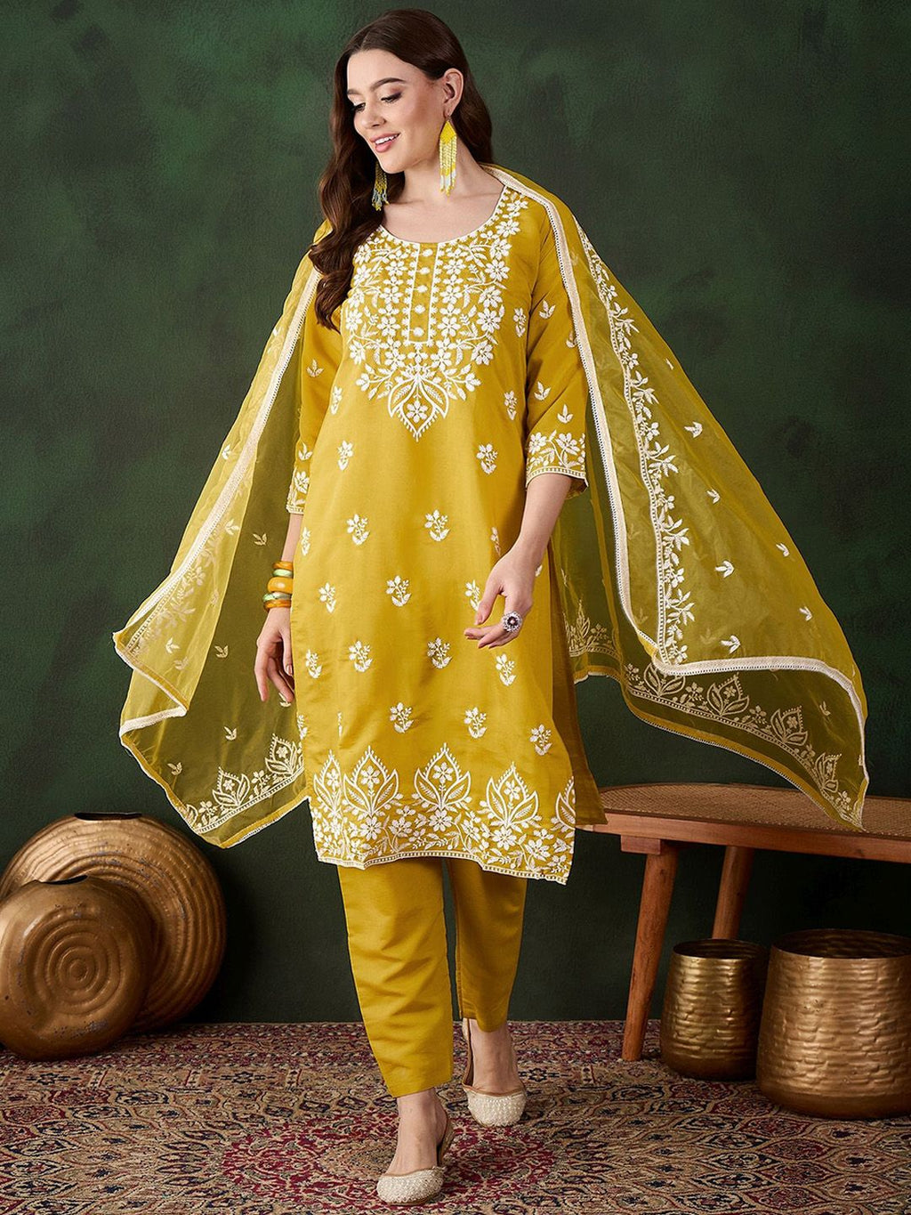 Sangria Mustard Yellow Floral Embroidered Thread Work Kurta & Trouser With Dupatta | Grocsy