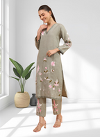 Joban Fashion Pista Green Linen Embroidered Readymade Long Kurta With Pant | Grocsy