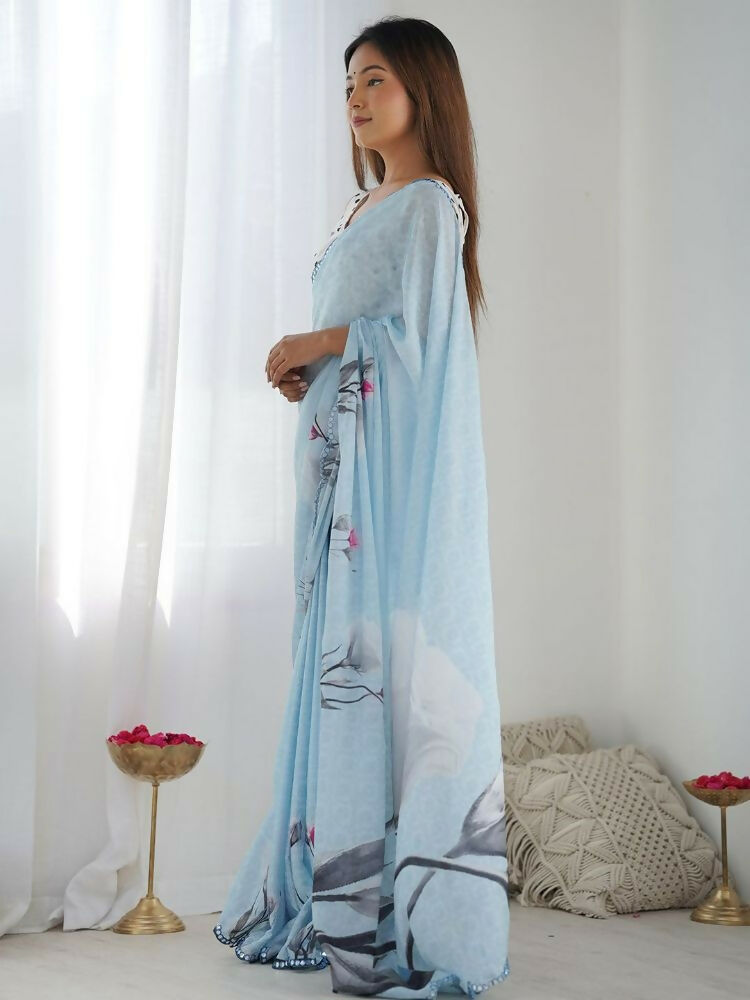 PR Fashion Denim Blue Georgette Digital Print With Mirror Work Saree | Grocsy
