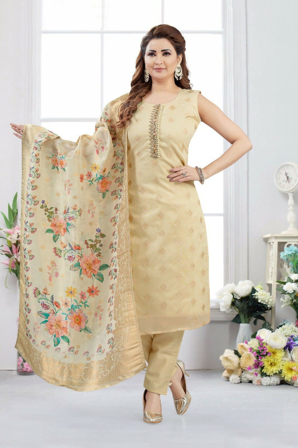 Joban Fashion Jacquard Beige Color Kurta Set | Grocsy