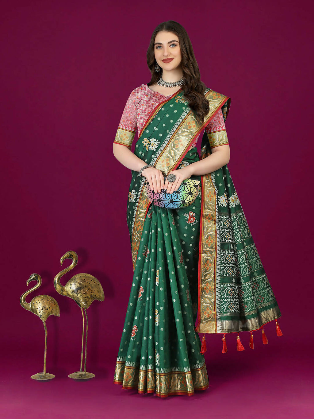 Lorenvalley Fashion Green Patola Silk Woven Design Zari Meenakari Weaving Saree | Grocsy