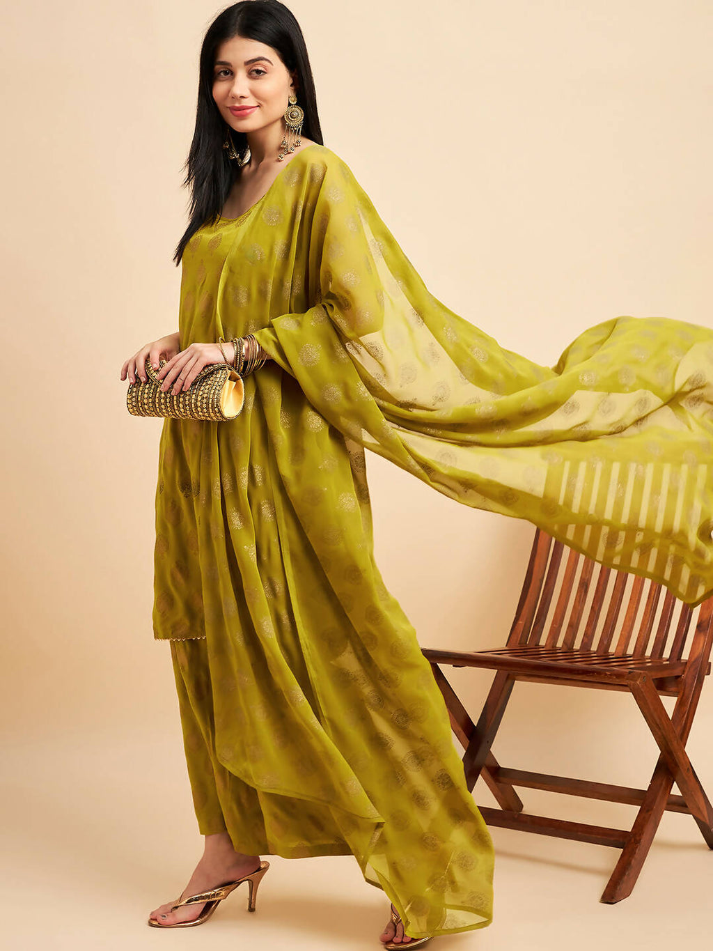Lime Green & Golden Ethnic Motifs Print Kurta with Palazzo & Dupatta - Vishwa | Grocsy