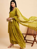 Lime Green & Golden Ethnic Motifs Print Kurta with Palazzo & Dupatta - Vishwa | Grocsy