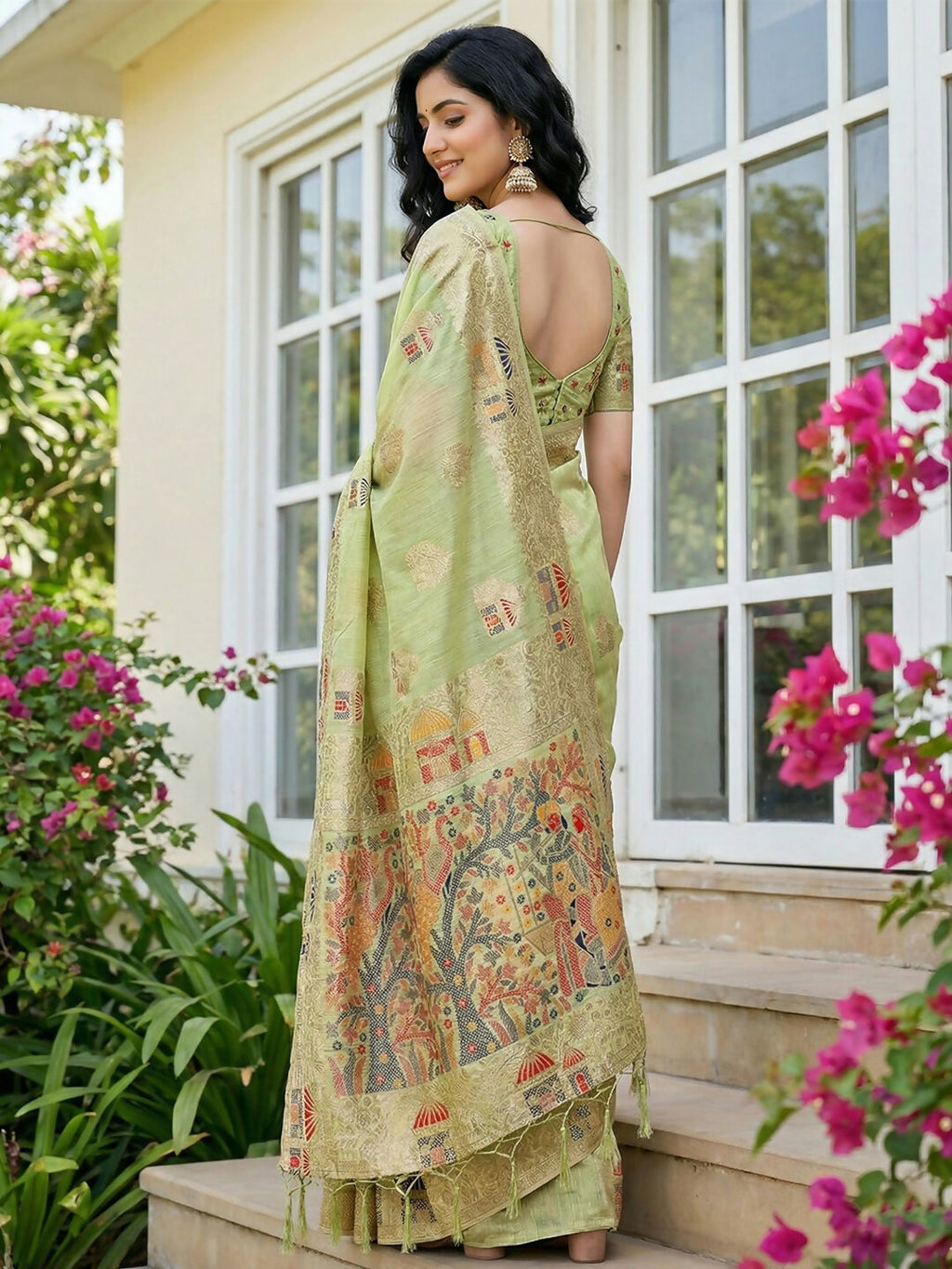 Shree Shyam Fashion Light Green Linen Cotton Saree | Grocsy