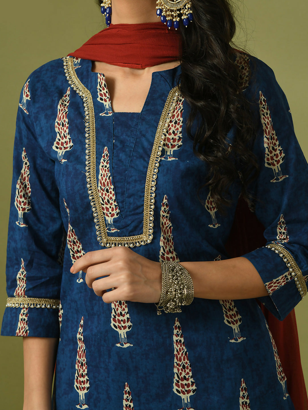 Myshka Women's Blue Printed Cotton Straight Party Kurta Set With Dupatta | Grocsy