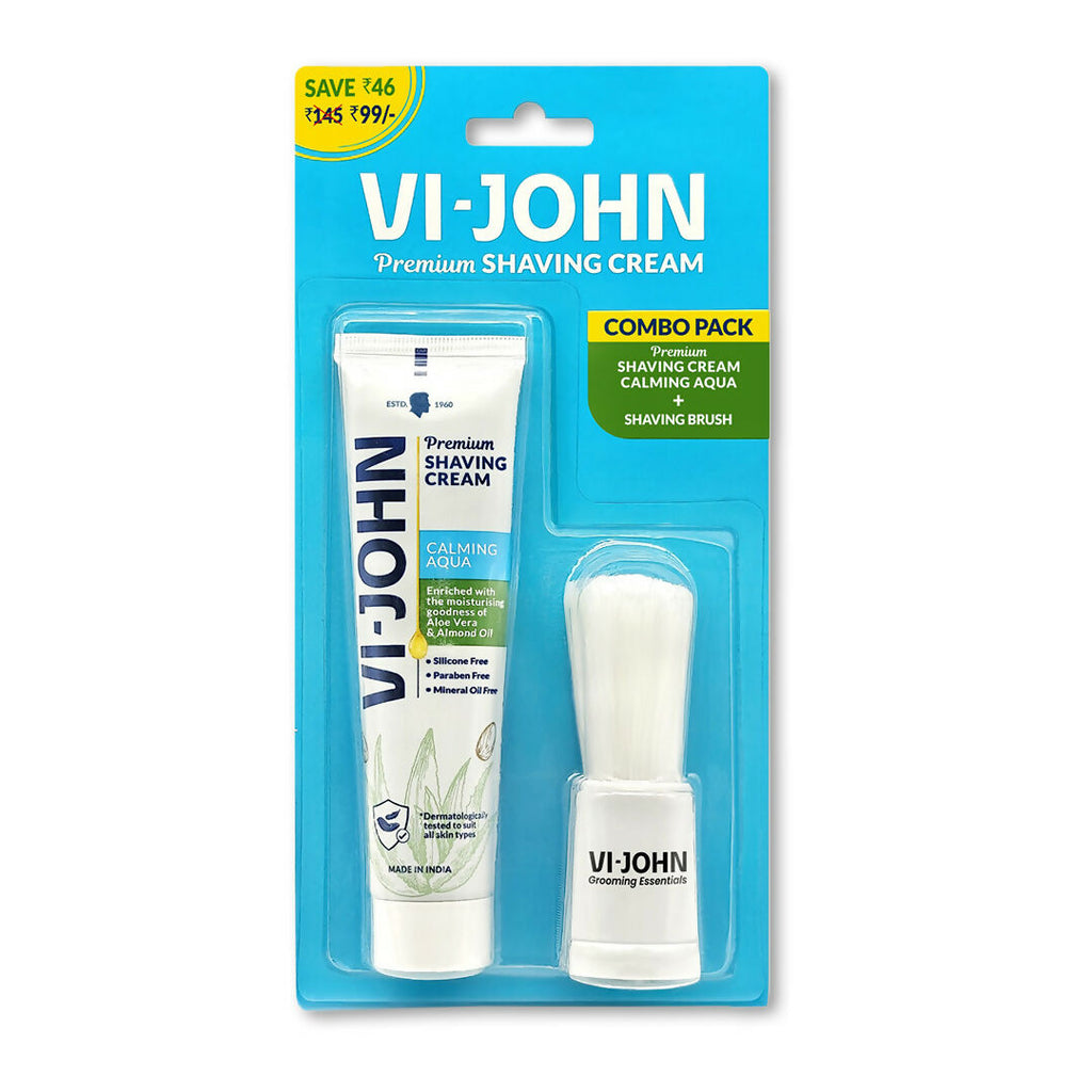 VI-JOHN Dermatologically Tested Premium Purifying Charcoal Shaving Cream With Shaving Brush Enriched with Aloevera & Jojoba Oil Free From Silicone, Paraben & Mineral Oil | Grocsy