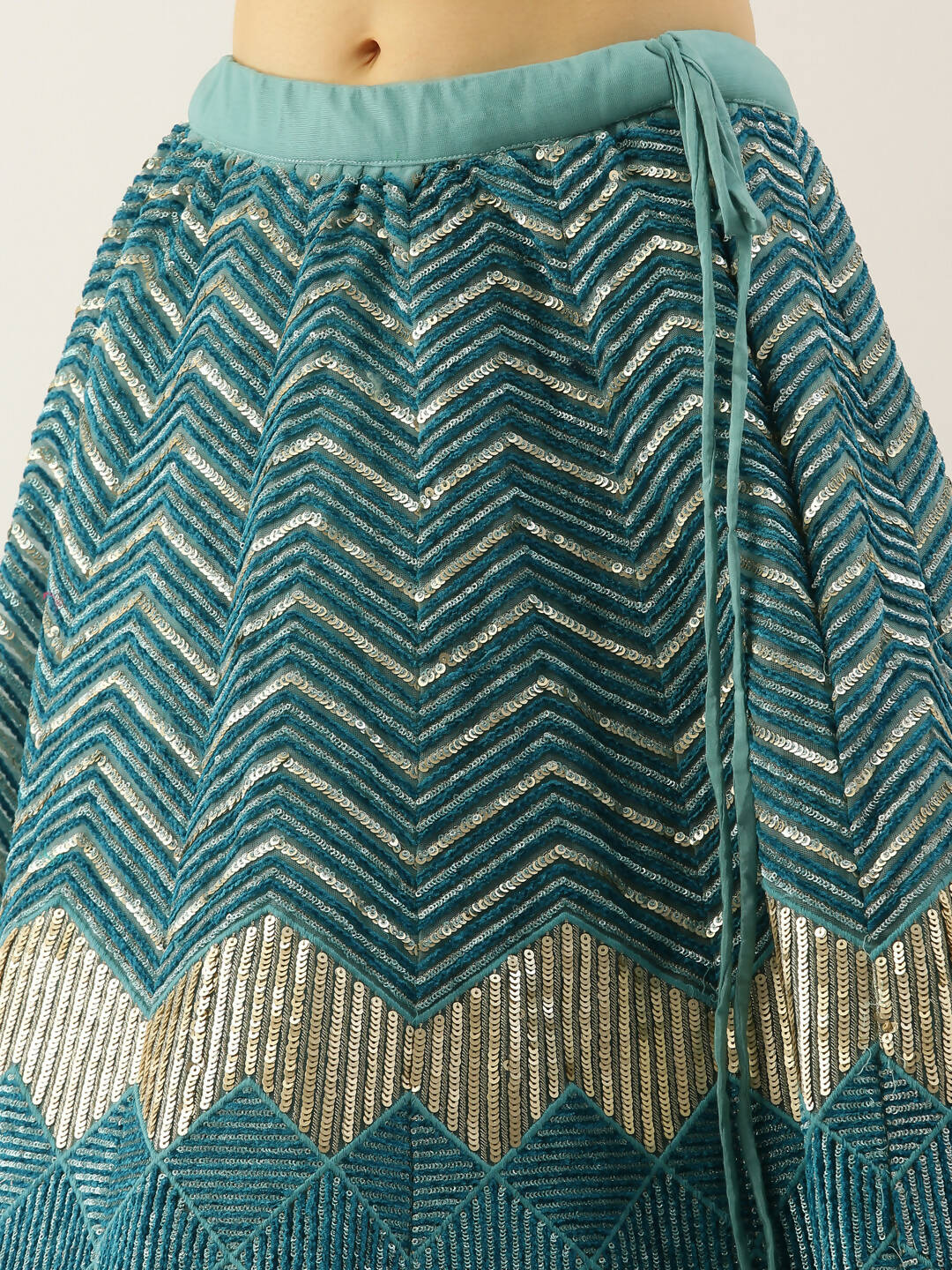 House of Panchhi Women Sea Green Net Zig-Zag Embroideried Lehenga, Blouse & Dupatta | Grocsy