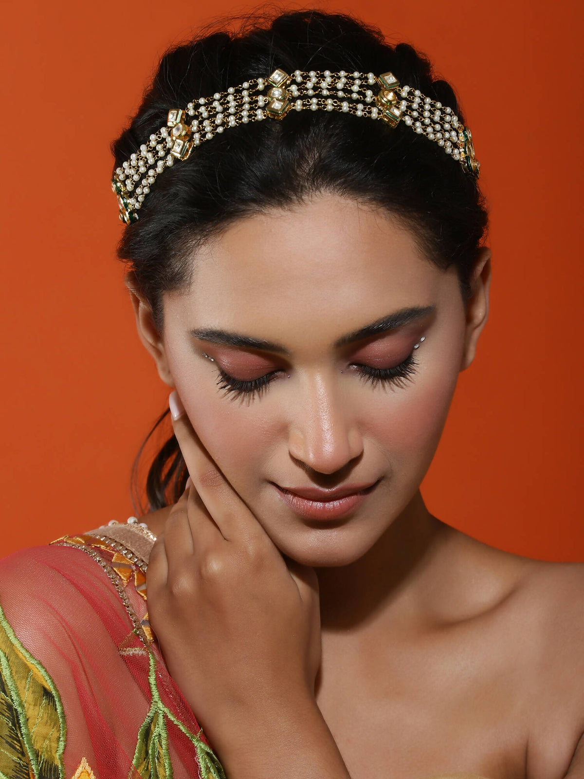 Gold-Polished White Kundan-Studded Pearl Head Chains - Ruby Raang | Grocsy