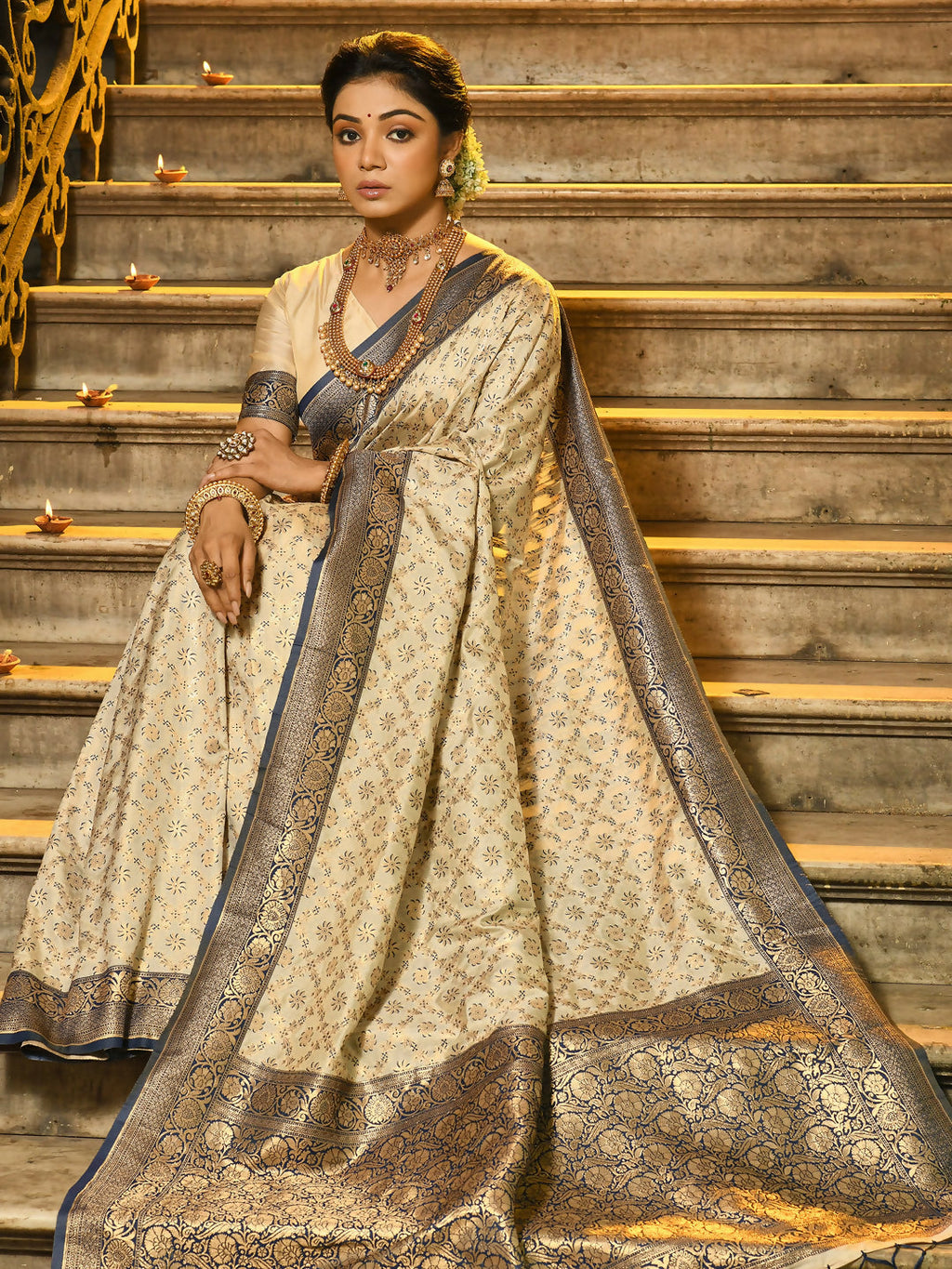 Shree Shyam Fashion Rajvastra Navy Blue Banarasi Silk Saree | Grocsy
