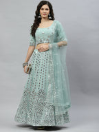 Pista Green Georgette Paper Mirror Embroidery Work Lehenga Choli with Dupatta - Jivika | Grocsy
