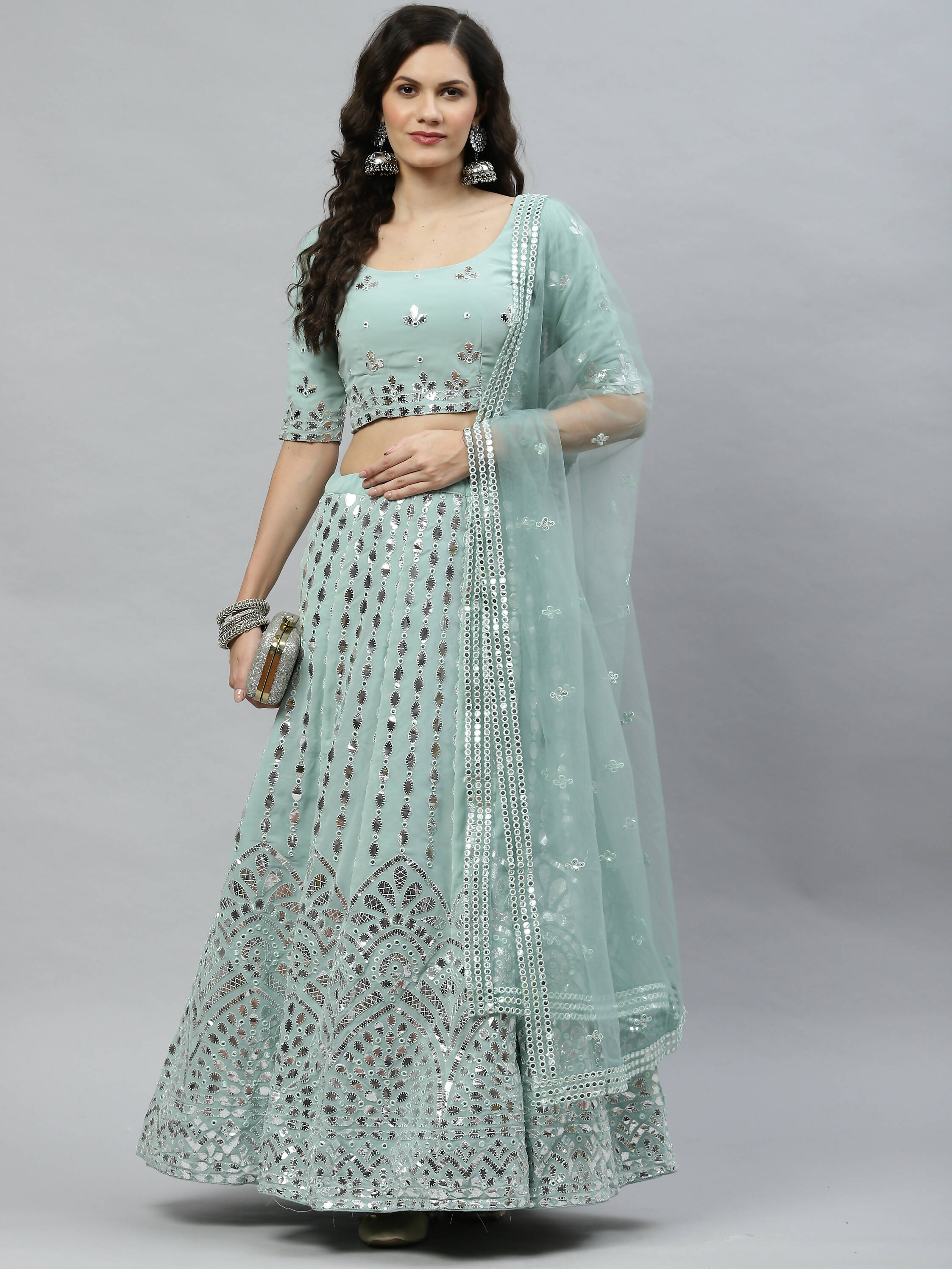Pista Green Georgette Paper Mirror Embroidery Work Lehenga Choli with Dupatta - Jivika | Grocsy