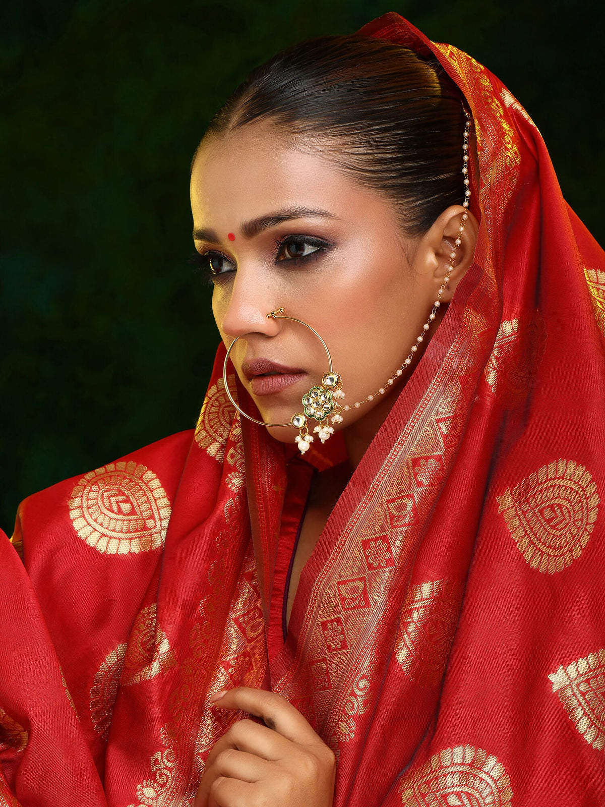 Ruby Raang 22k Gold Polished Kundan Maharani Nose Ring (Clip On) | Grocsy