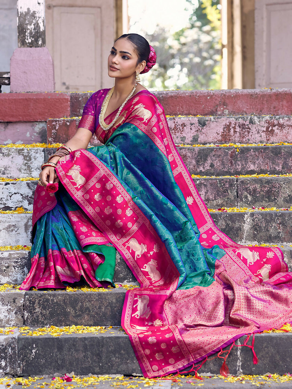 Shree Shyam Fashion Teal Soft Silk Saree | Grocsy