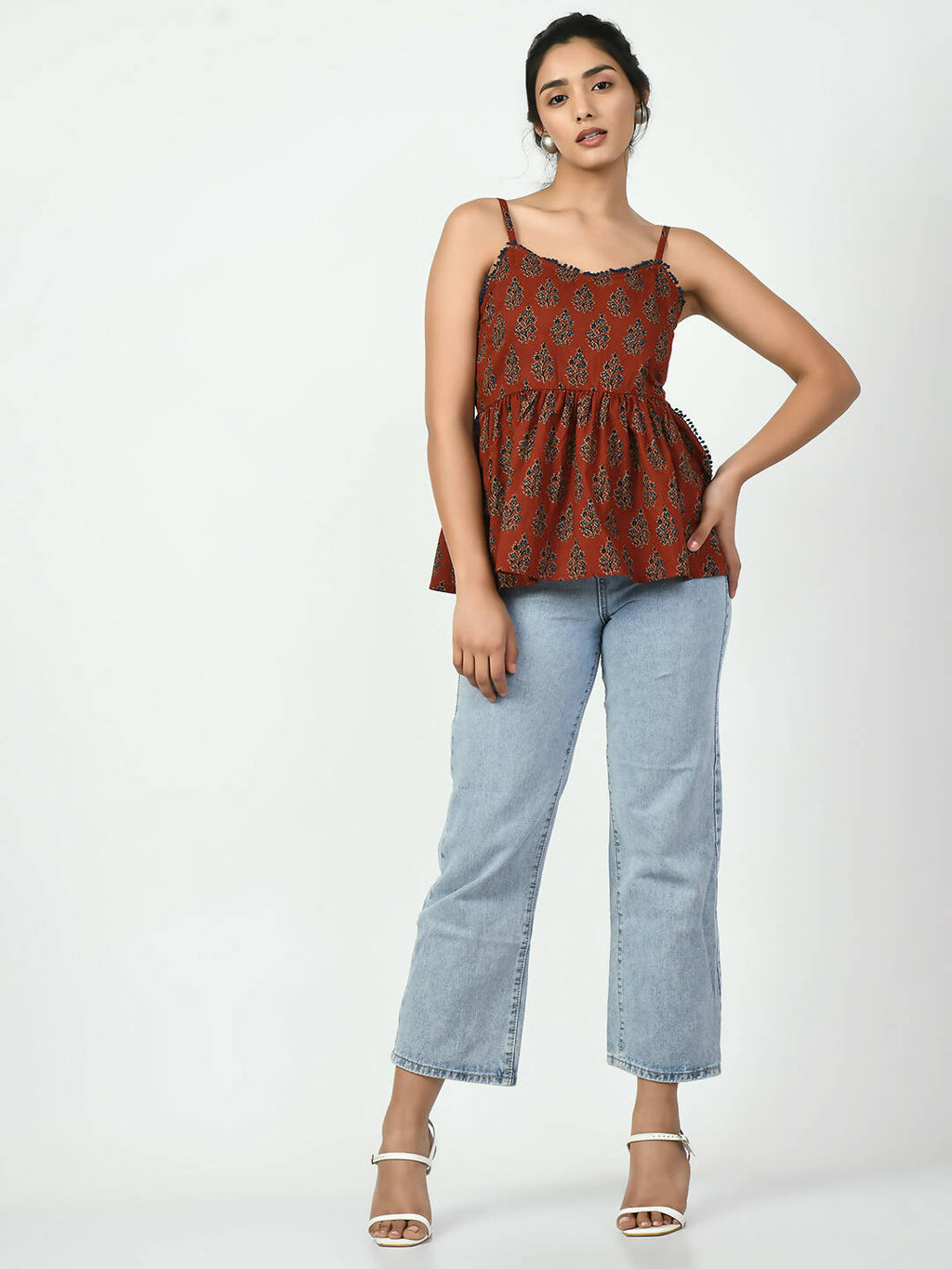 Myshka Women's Rust Ethnic Motifs Printed Top | Grocsy