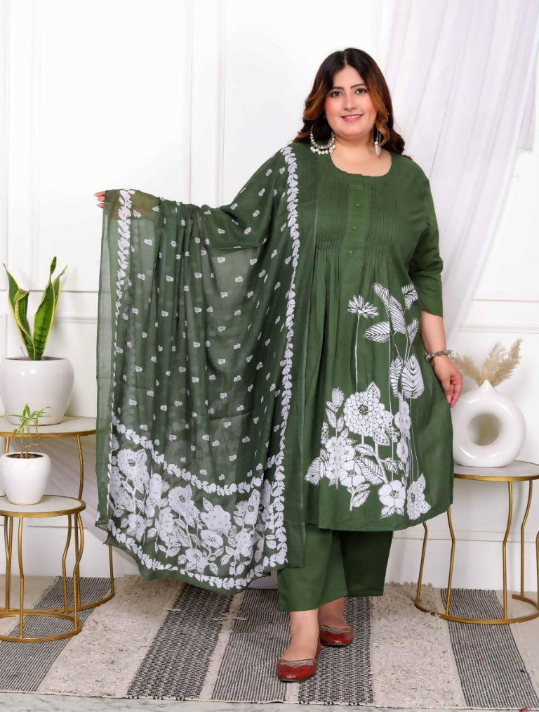 Miravan Women's Plus Size Mehandi Pintucks Floral Pattern Cotton Straight Kurta with Palazzo And Floral Dupatta Set | Grocsy