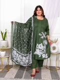 Miravan Women's Plus Size Mehandi Pintucks Floral Pattern Cotton Straight Kurta with Palazzo And Floral Dupatta Set | Grocsy