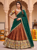Teeya Creation Elegant Copper Brown Lehenga with Rich Emerald Green Contrast Dupatta | Grocsy