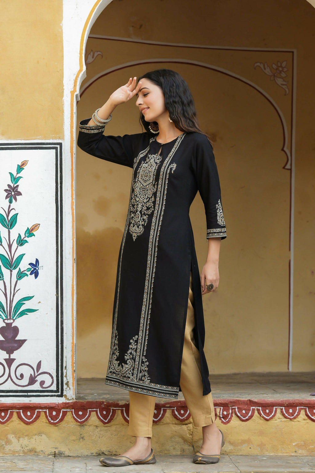 Juniper Women's Black Rayon Printed Straight Kurta | Grocsy