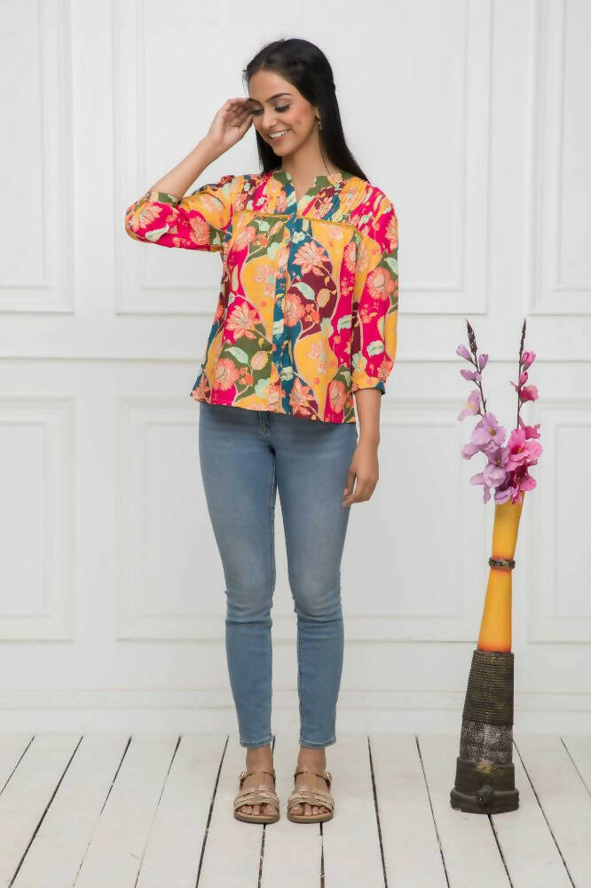 Myshka Women Multi Floral Mandarin Collar Regular Sleeves Viscose Rayon Top | Grocsy