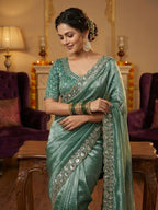 Joban Fashion Green Fandy Satin Silk Party Wear Sarees | Grocsy