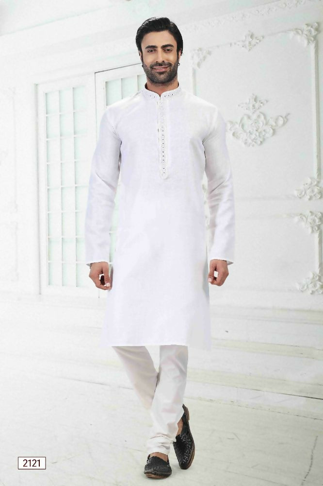 Raivat Ethnic Linen Cotton Thread Work Kurta Pajama In Off White Colour | Grocsy
