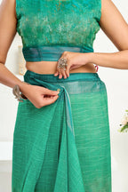 Joban Fashion Rama Green Floral Linen Ready To Wear Saree With Unstitched Blouse | Grocsy