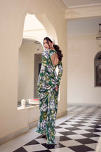 Vastranavya Green Weightless Marble Printed & Pearl Lace Border Saree with Unstitched Blouse | Grocsy