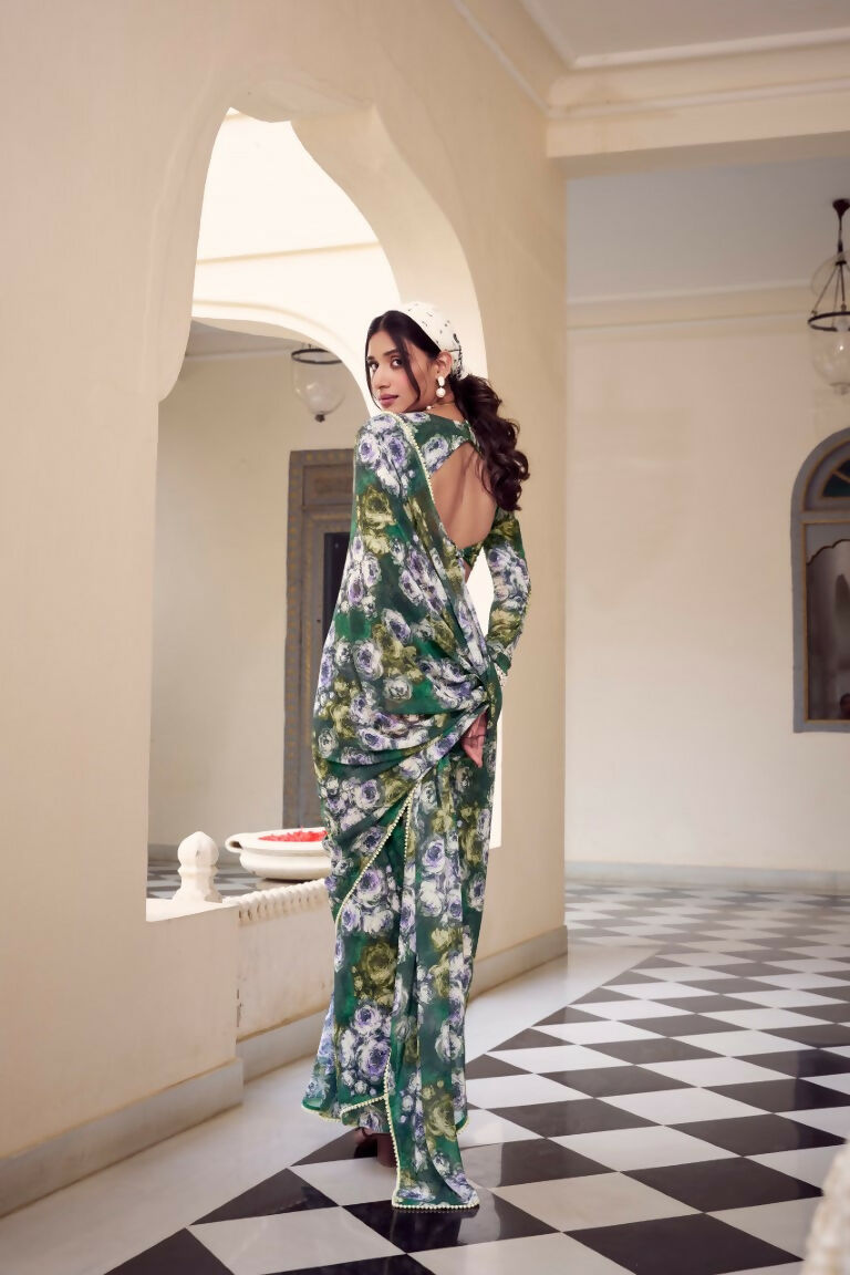 Vastranavya Green Weightless Marble Printed & Pearl Lace Border Saree with Unstitched Blouse | Grocsy