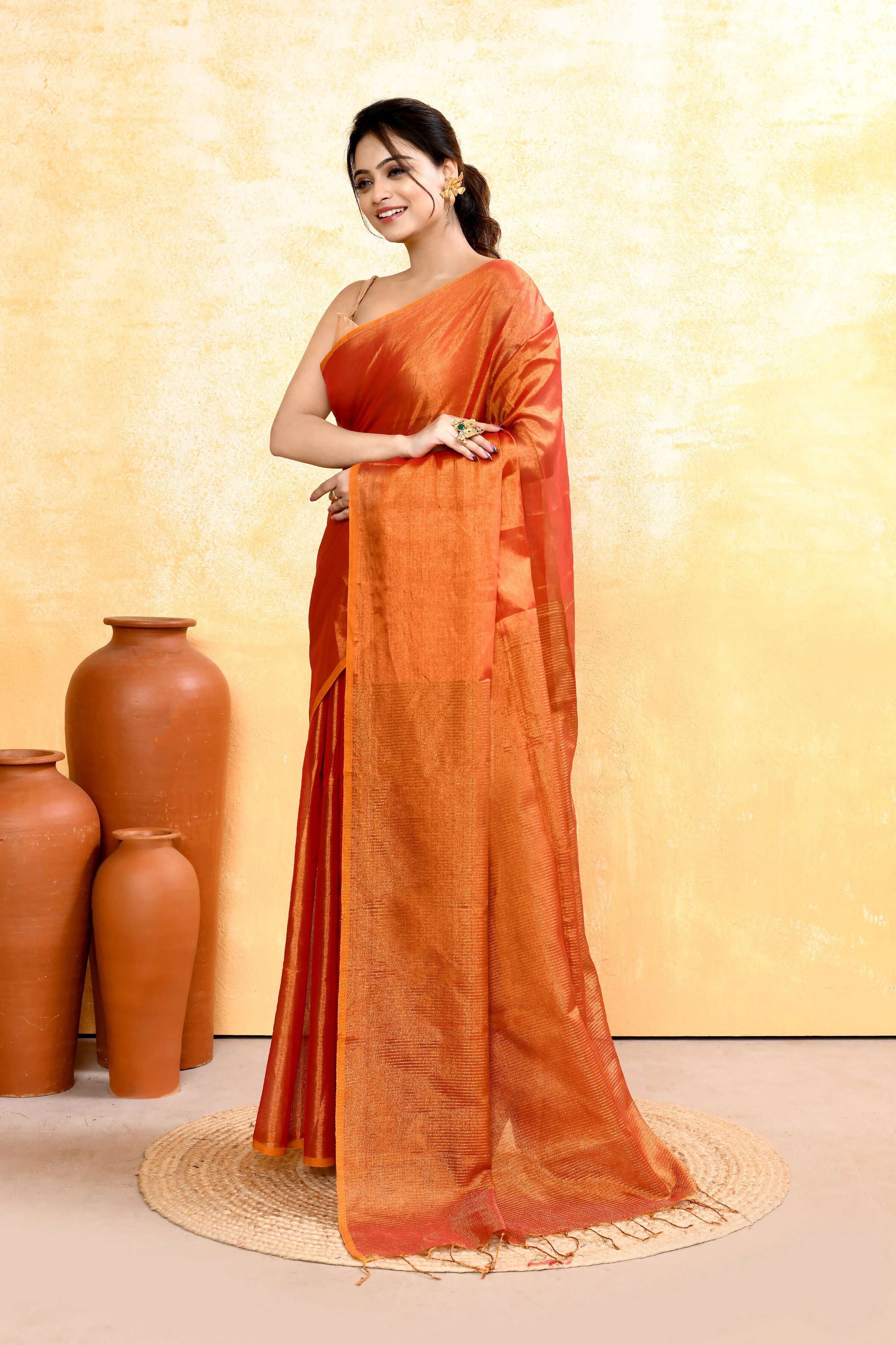 Piyari Fashion Women's Rust Dual Tone Organic Tissue Saree With Blouse Piece | Grocsy