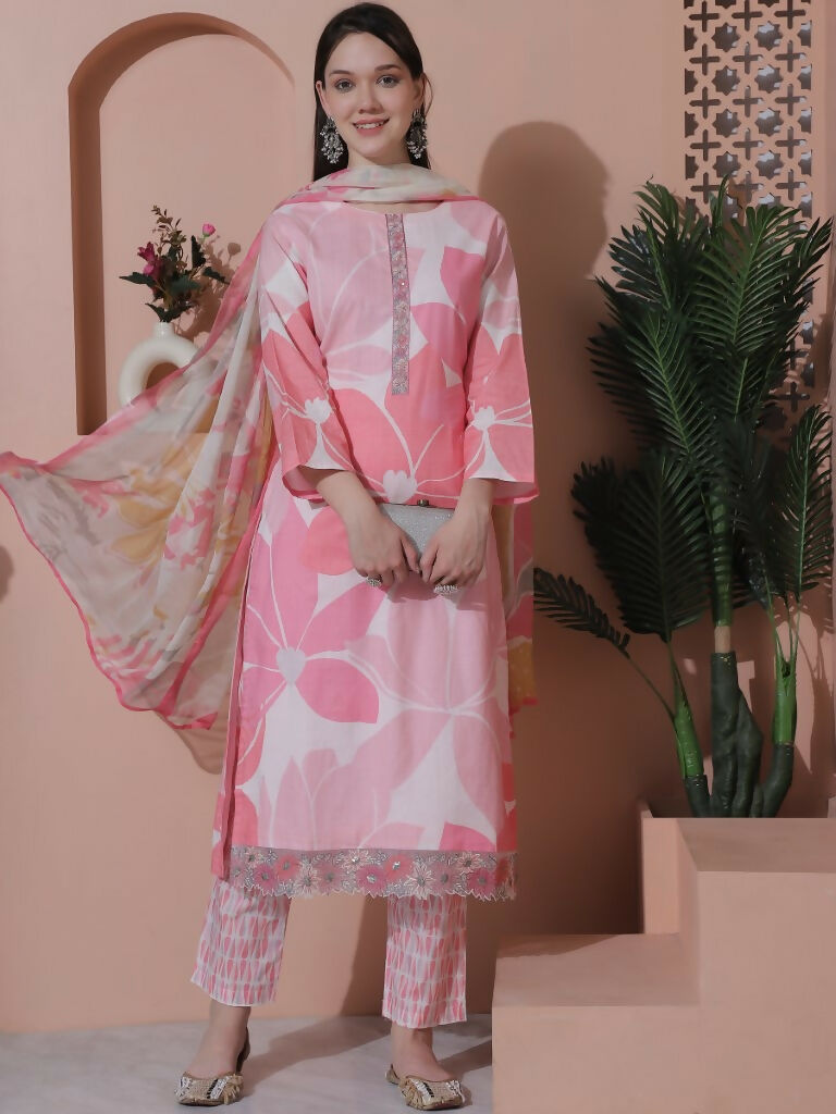 Jyoti Fashion Women's Pink Cotton Floral Digital Print & Floral Embroidered Cutwork Border Sequins Work Kurta with Trouser & Dupatta | Grocsy