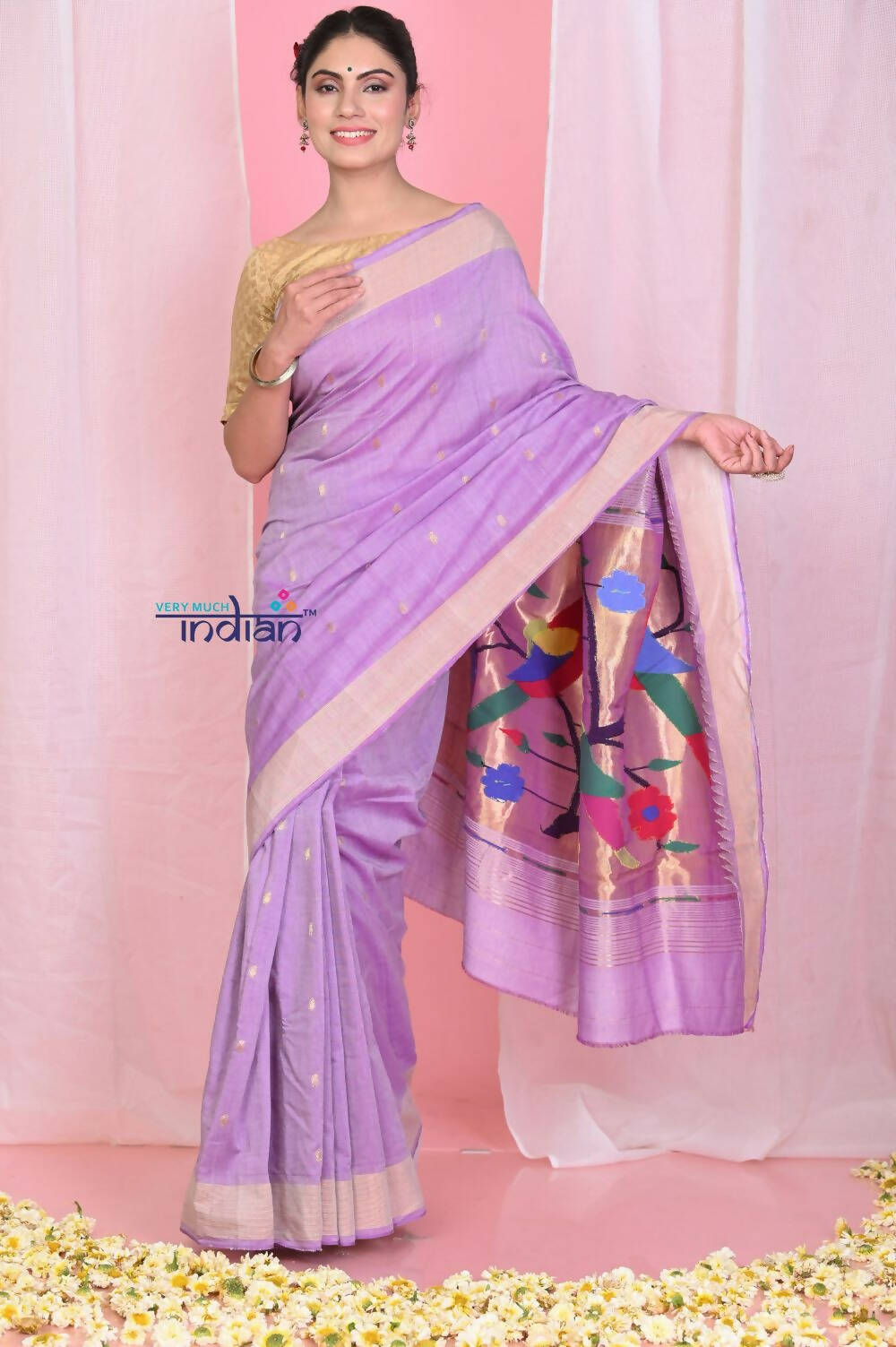 Very Much Indian Handloom Pure Cotton Paithani With Handwoven Pallu -Lilac | Grocsy